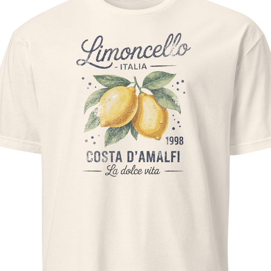 Beige t-shirt with lemon graphic and text on a white background