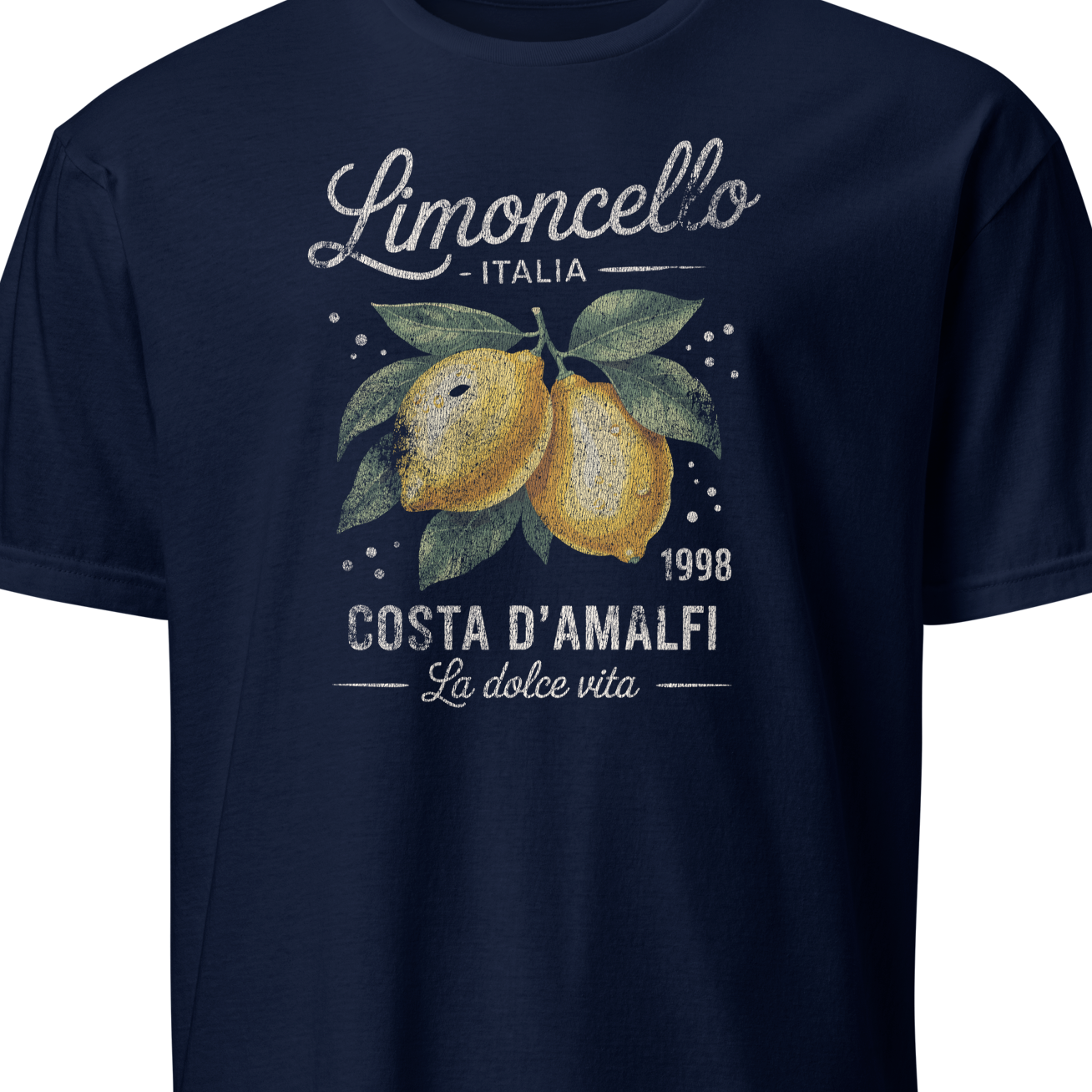 Navy blue t-shirt with lemon graphic and text on a white background