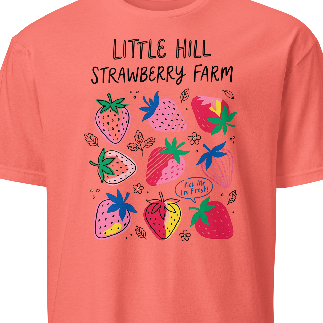 Coral t-shirt with colorful strawberry design and 'Little Hill Strawberry Farm' text 