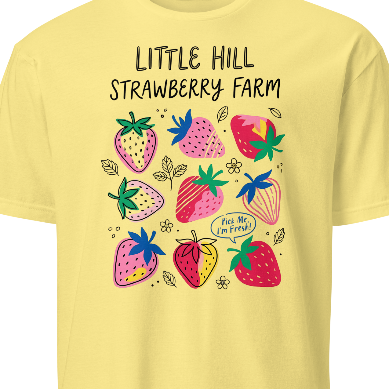 Yellow t-shirt with strawberry design and text 