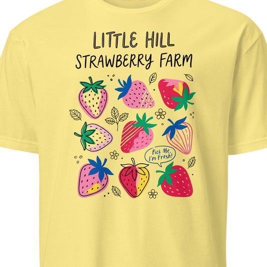 Yellow t-shirt with strawberry design and text 