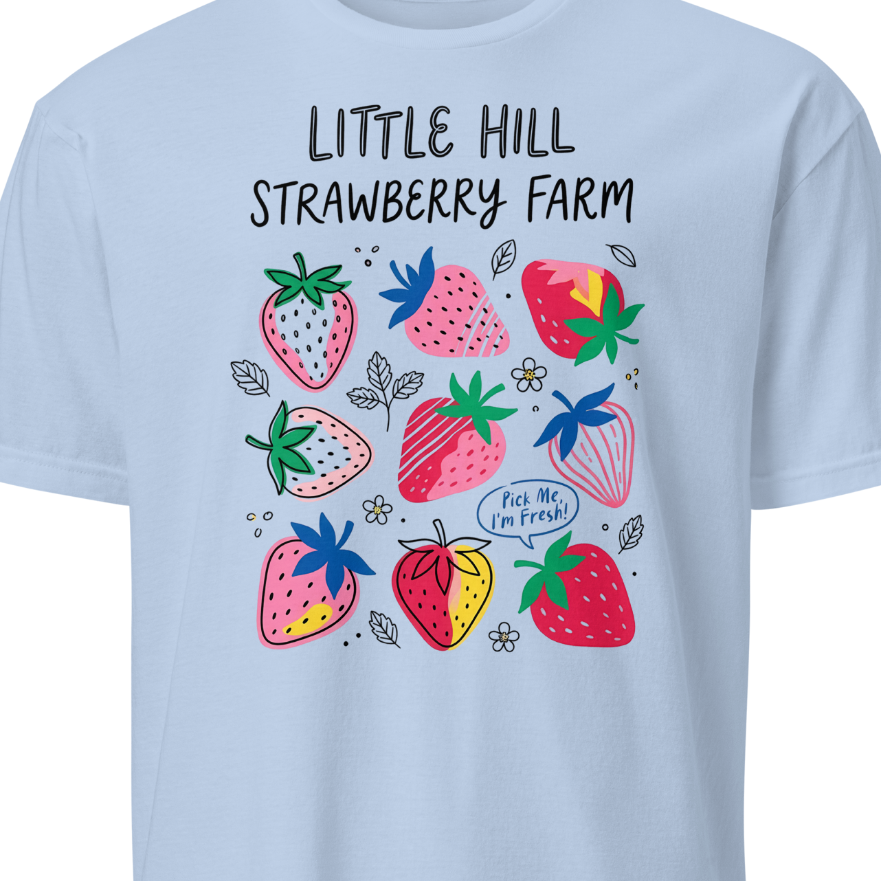 Light blue t-shirt with colorful strawberry design and text