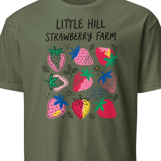 Green t-shirt with colorful strawberry design and text 