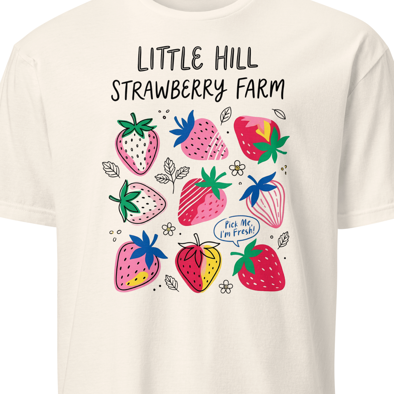 White t-shirt with colorful strawberry design and text 