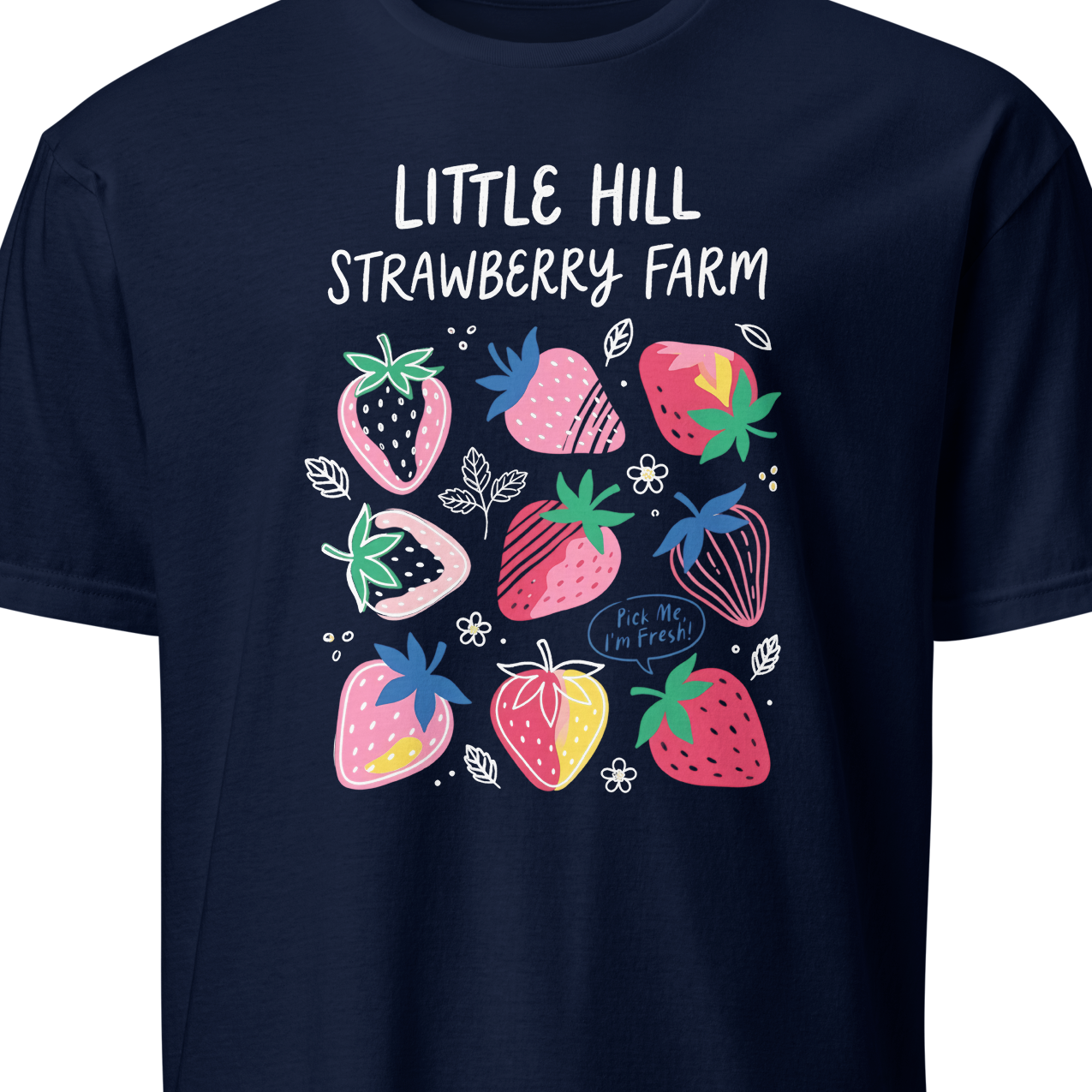 Navy blue t-shirt with colorful strawberry design and 'Little Hill Strawberry Farm' text 