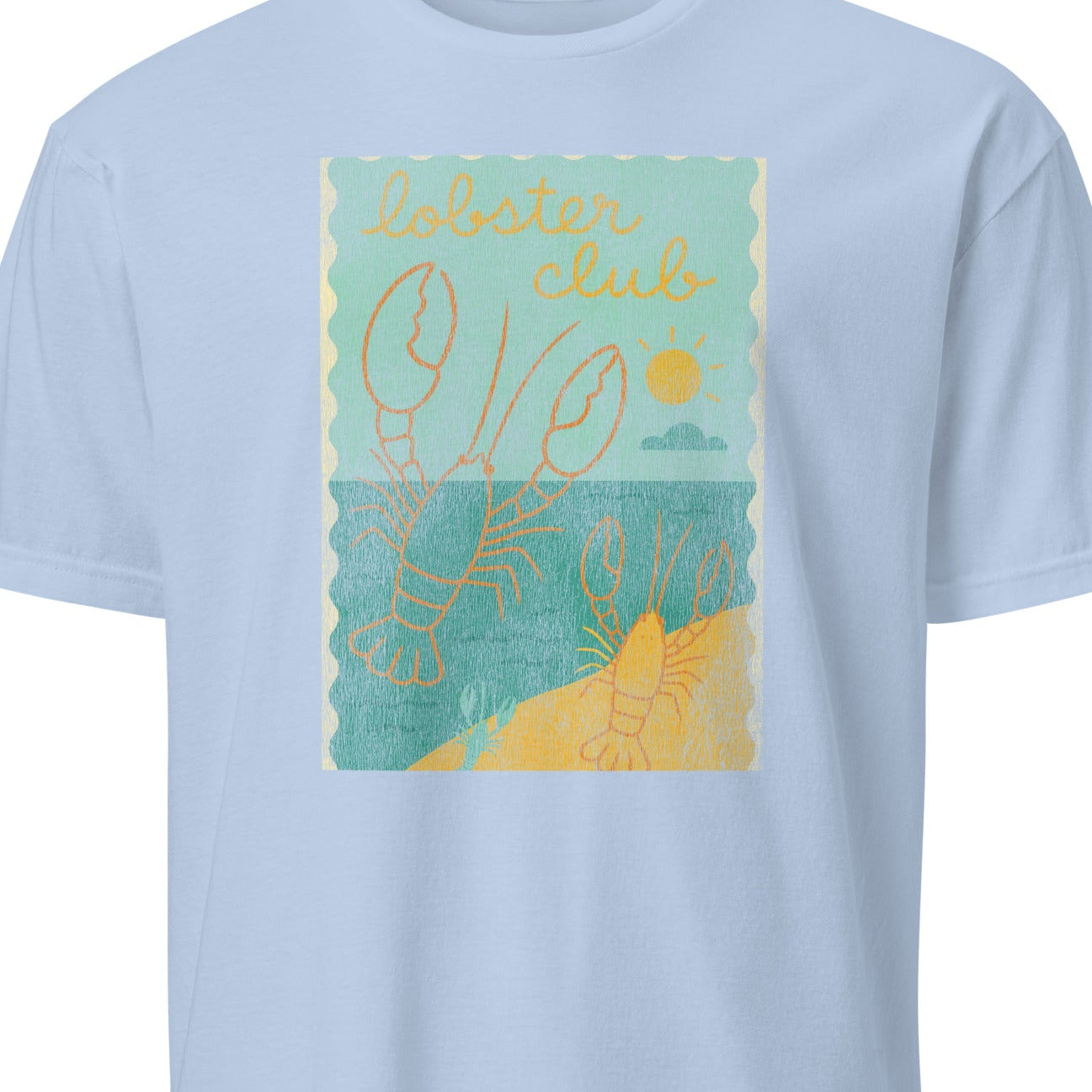 Light blue t-shirt with a colorful graphic of a lobster and text 