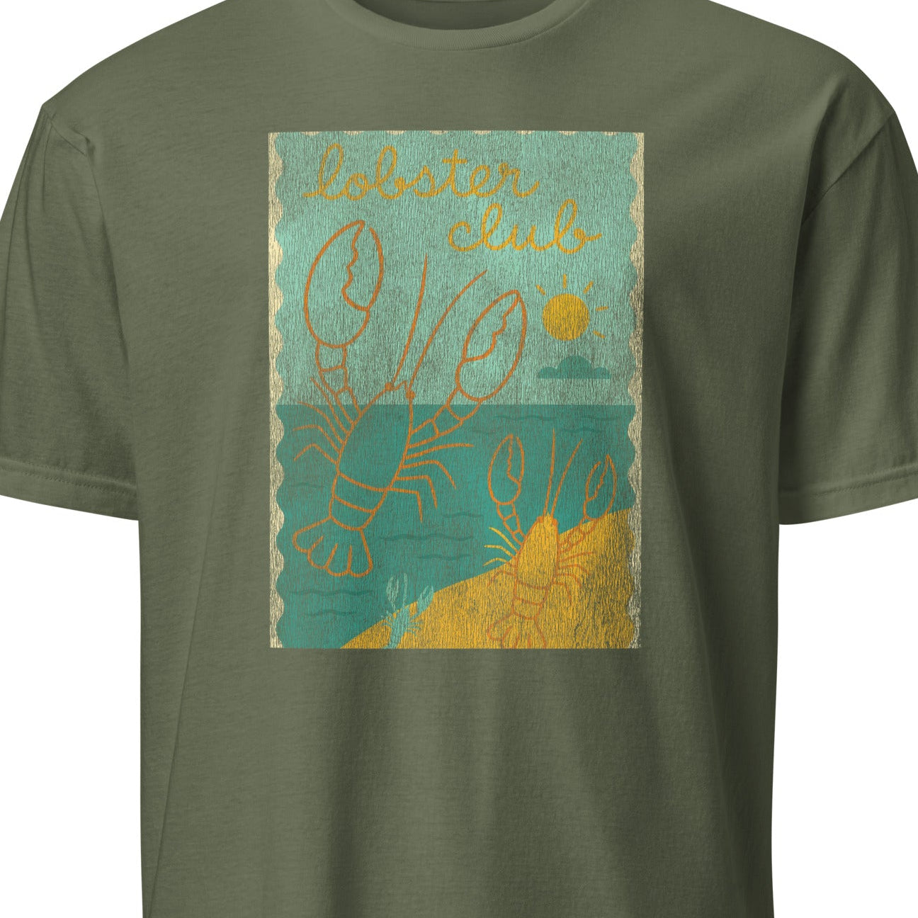 Green t-shirt with a lobster graphic and text 