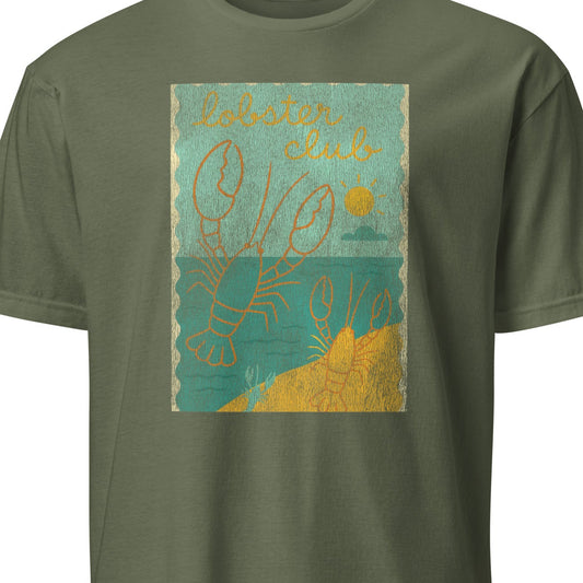 Green t-shirt with a lobster graphic and text 