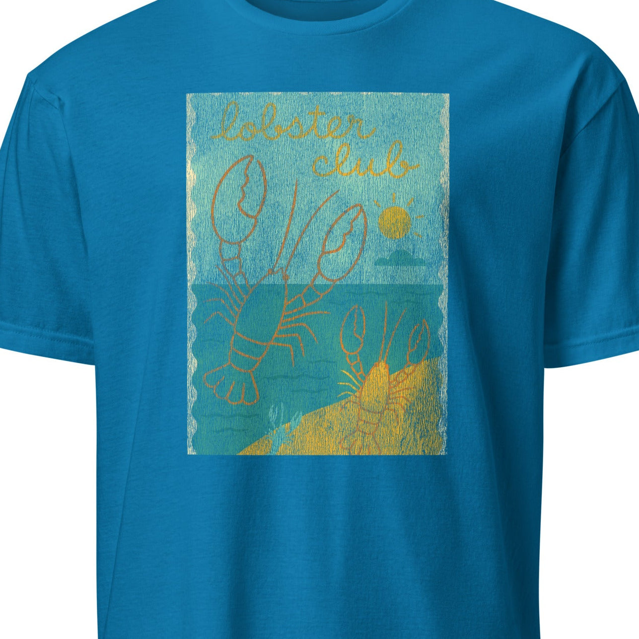 Blue t-shirt with a graphic design 