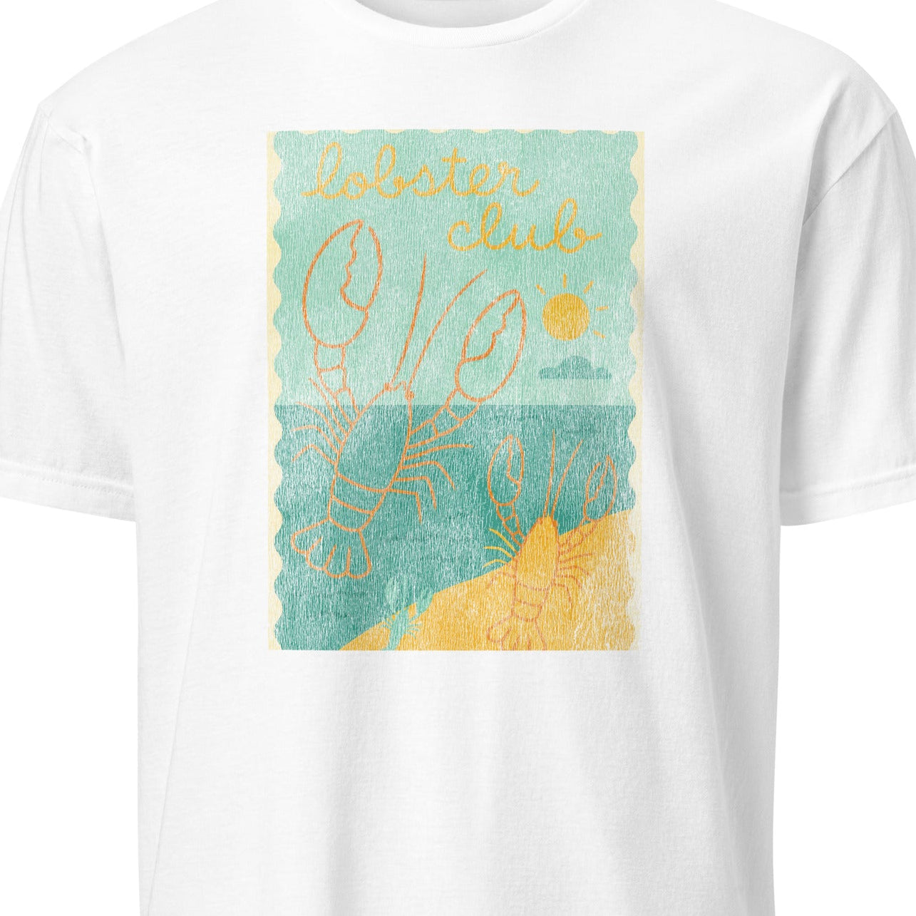 White t-shirt with a colorful graphic of a lobster and text 