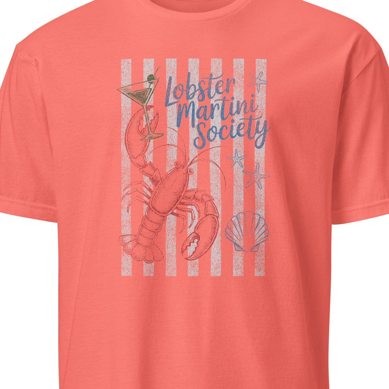 Coral t-shirt with lobster graphic and 'Lobster Martini Society' text
