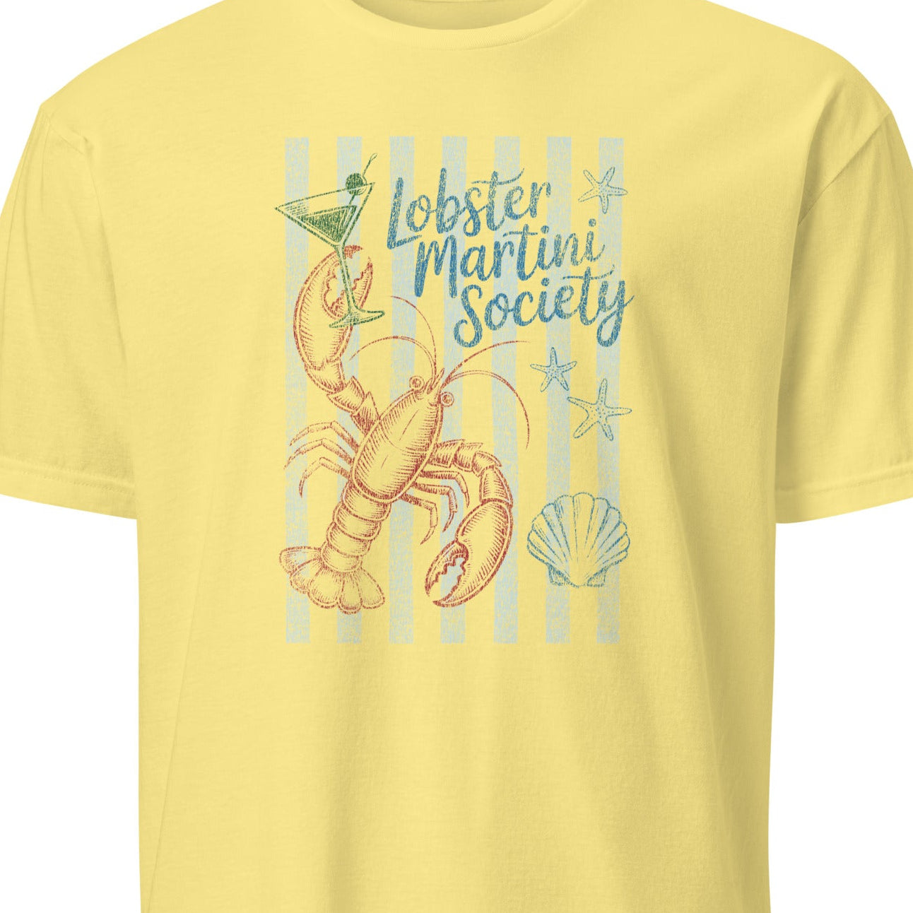 Yellow t-shirt with a lobster graphic and 'Lobster Martini Society' text 