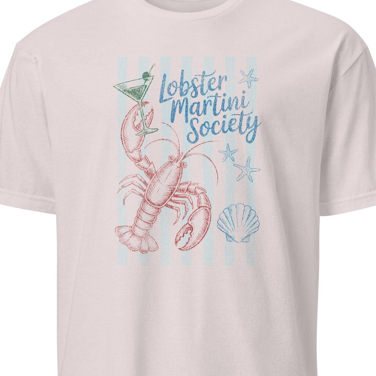 Light gray t-shirt with a lobster graphic and 'Lobster Martini Society' text 