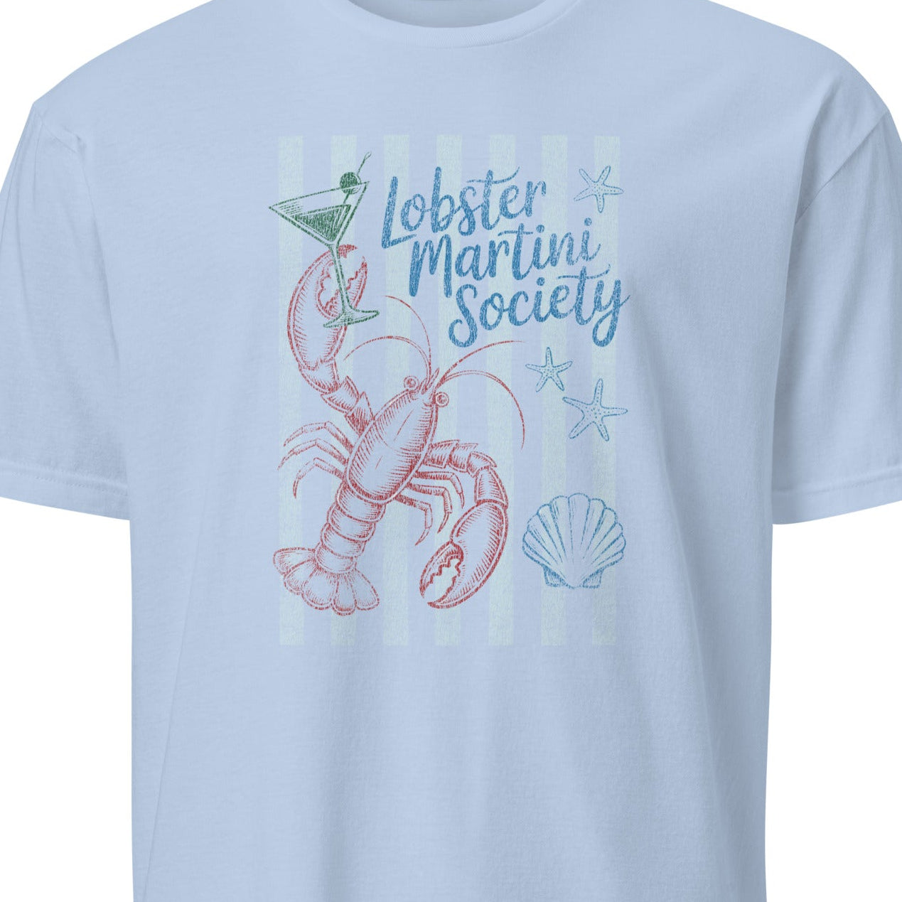 Light blue t-shirt with a lobster martini graphic and text 