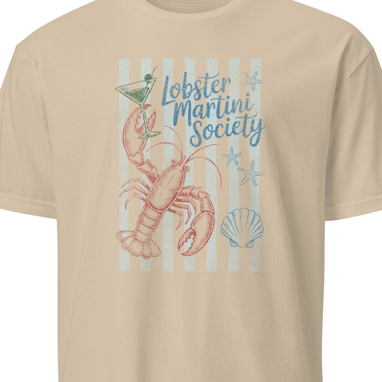 Beige t-shirt with a lobster graphic and 'Lobster Martini Society' text 
