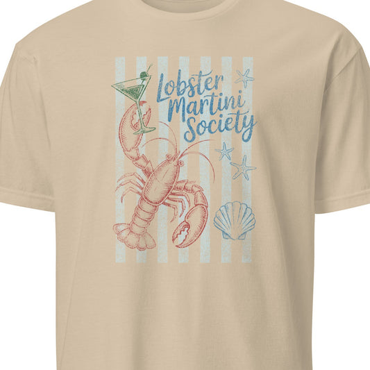 Beige t-shirt with a lobster graphic and 'Lobster Martini Society' text 