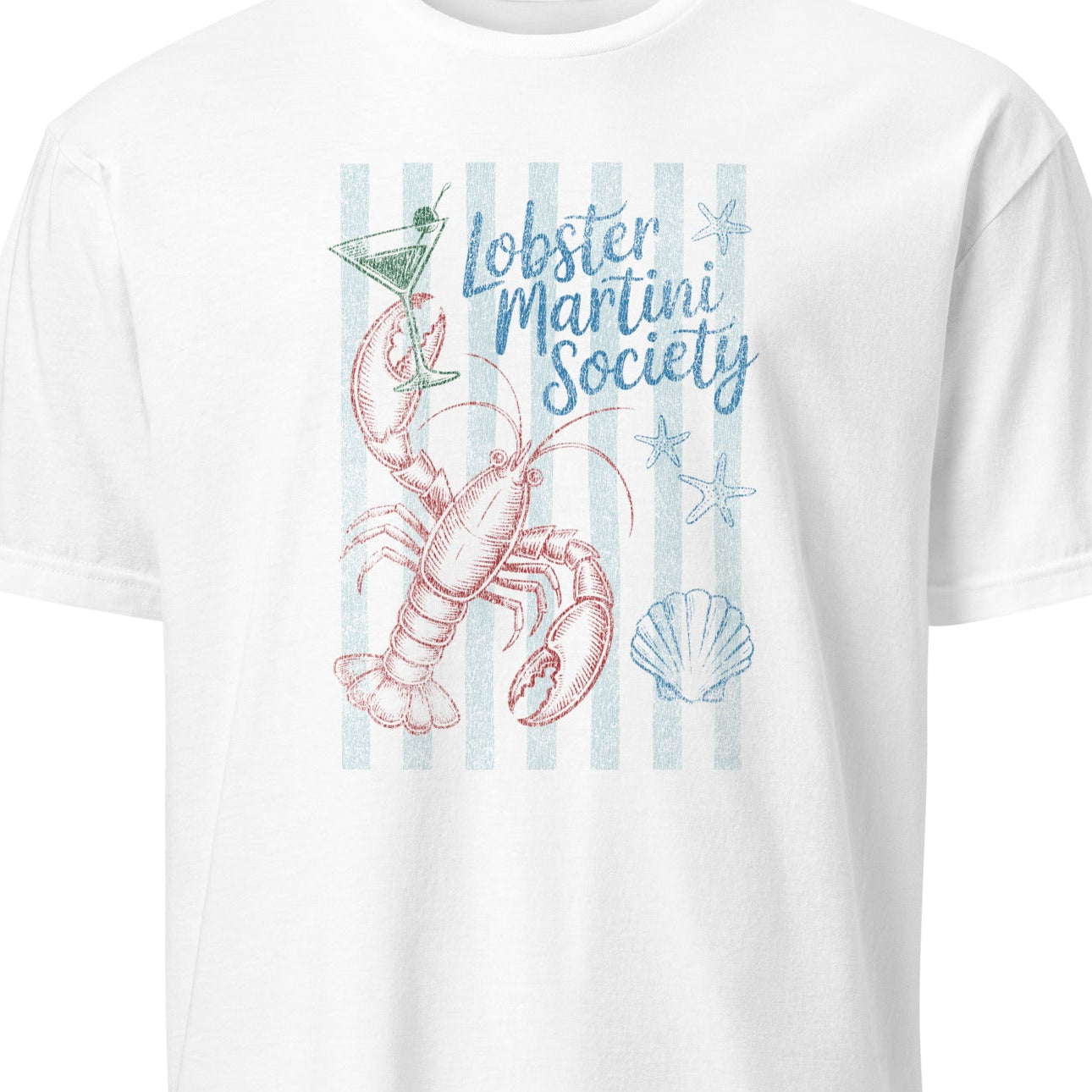 White t-shirt with a lobster graphic and 'Lobster Marlin Society' text