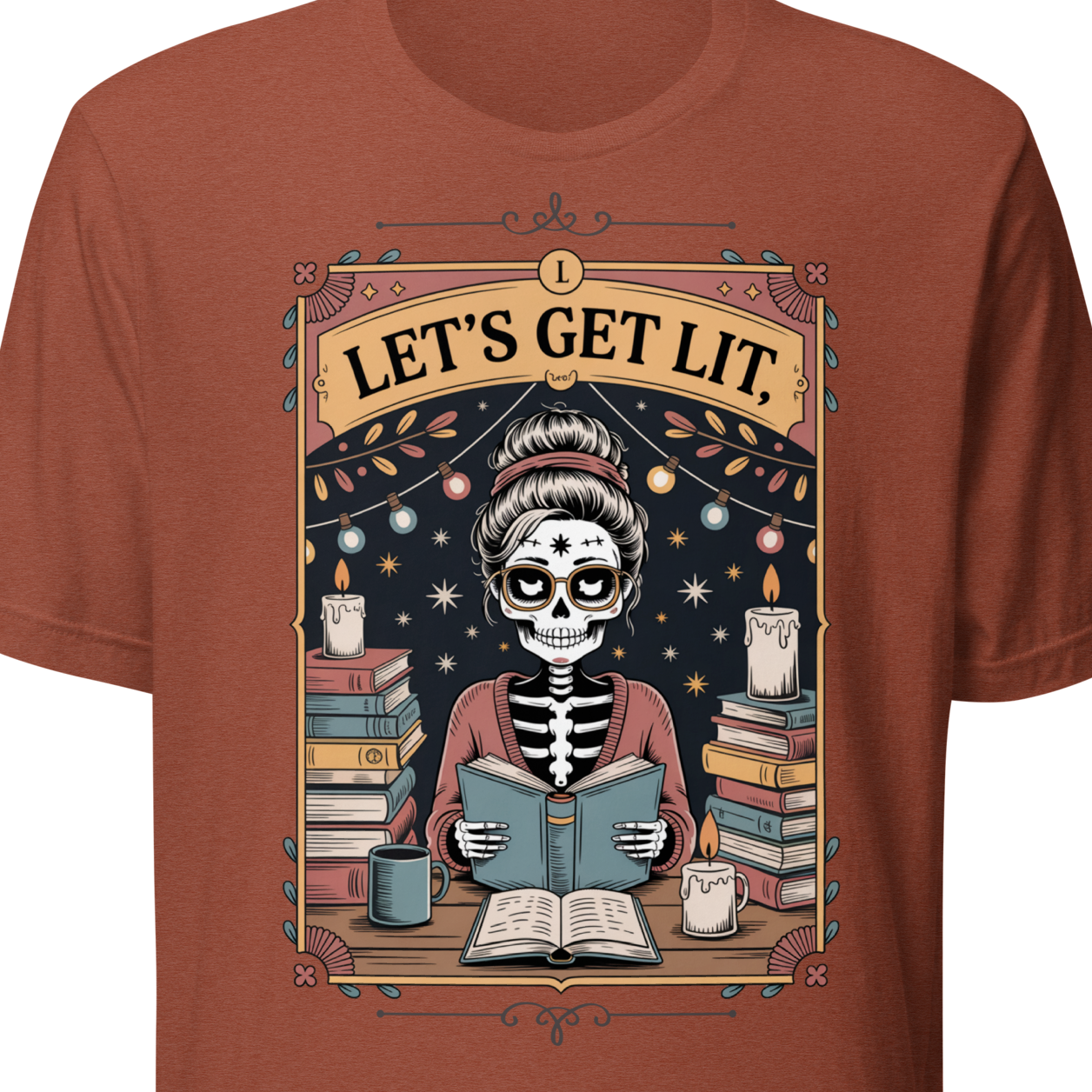 Clay t-shirt with a skeleton reading a book design and 'Let's Get Lit' text.