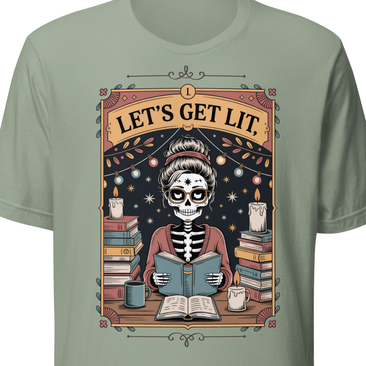 Sage green t-shirt with a skeleton reading a book design and 'Let's Get Lit' text.