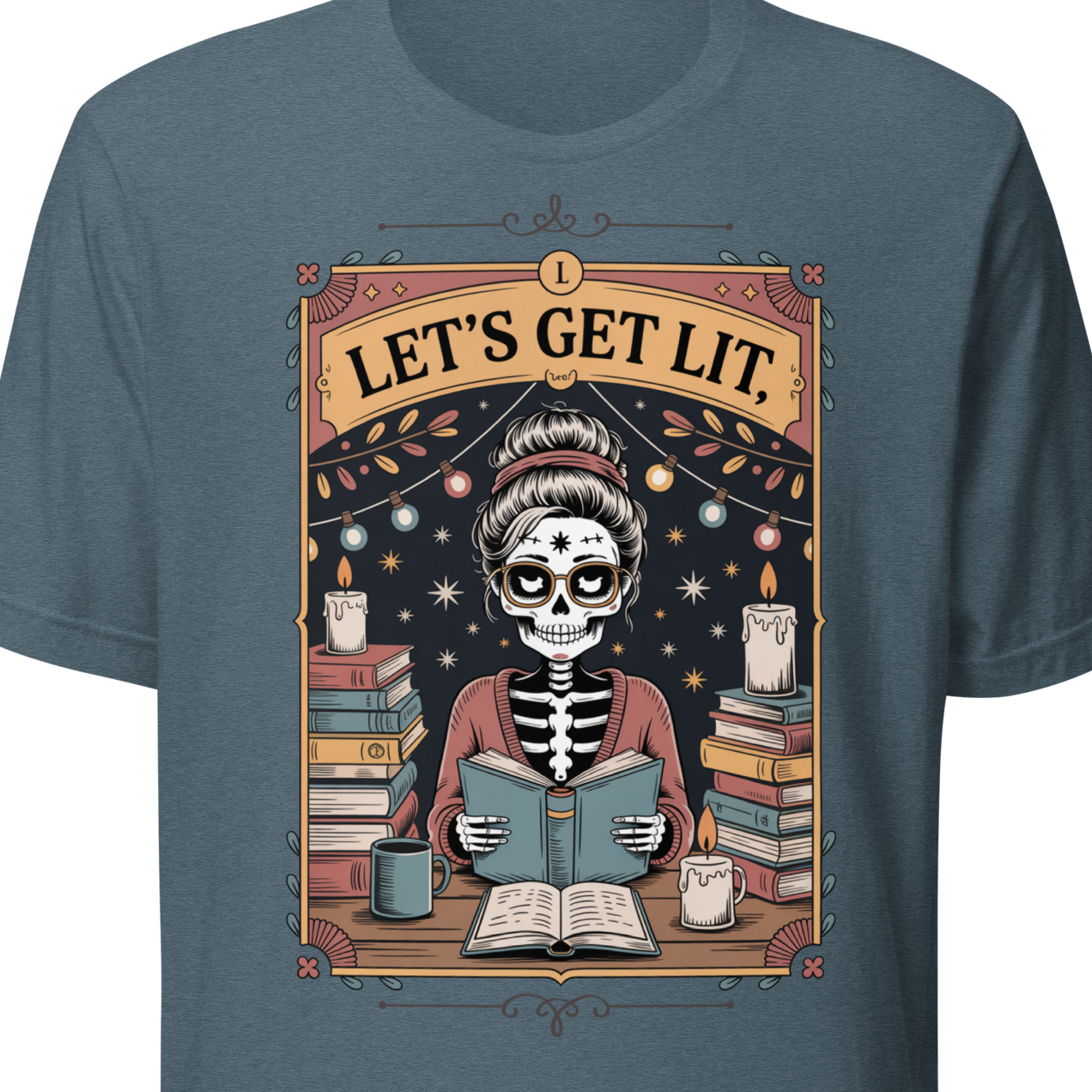 Blue t-shirt with a skeleton reading a book design and 'Let's Get Lit' text 