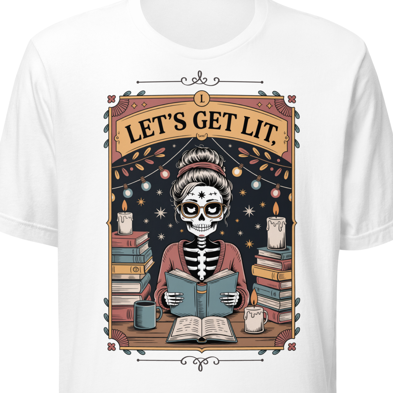 White t-shirt with a skeleton reading a book design and 'Let's Get Lit' text on a white background