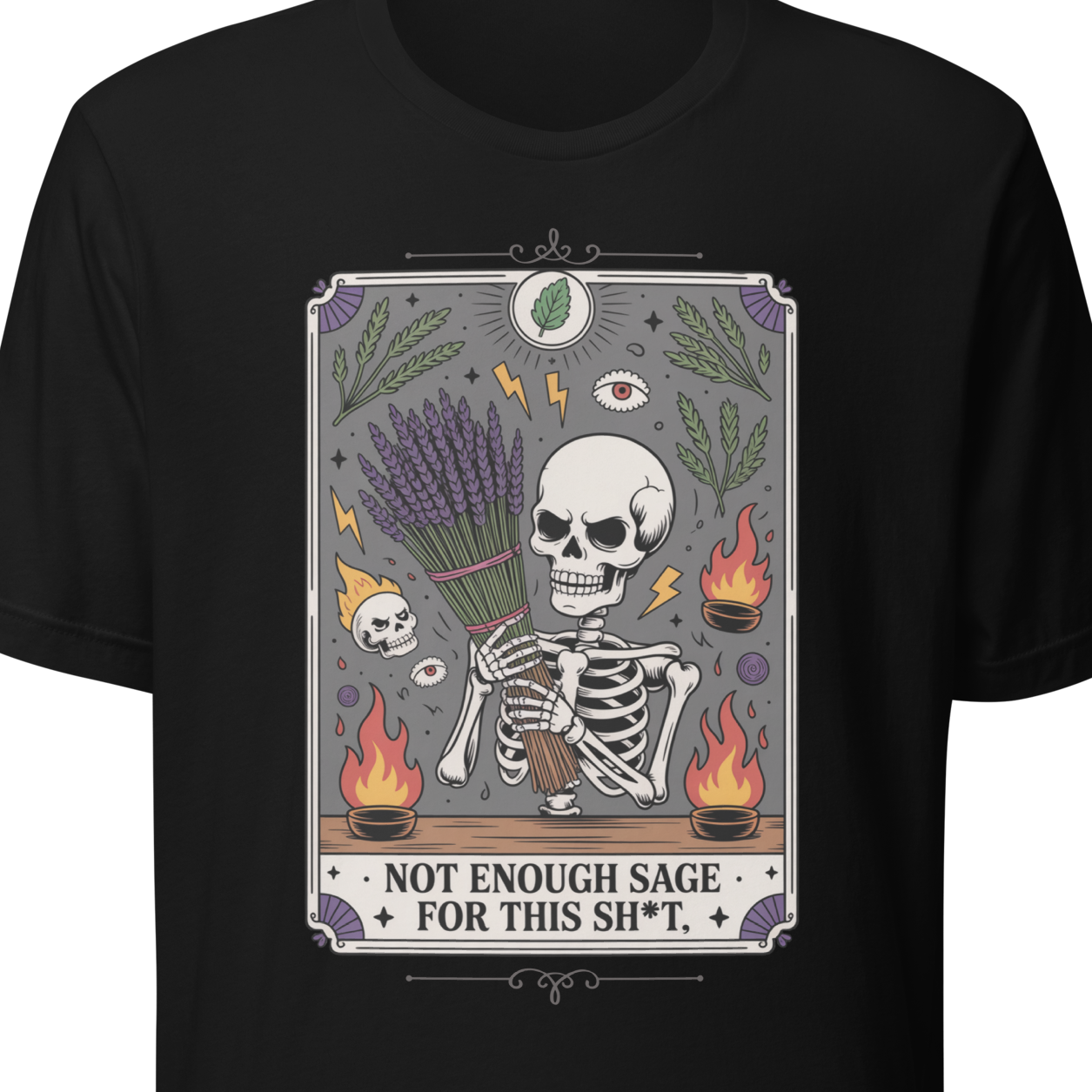 Black t-shirt with a graphic design featuring a skeleton and text