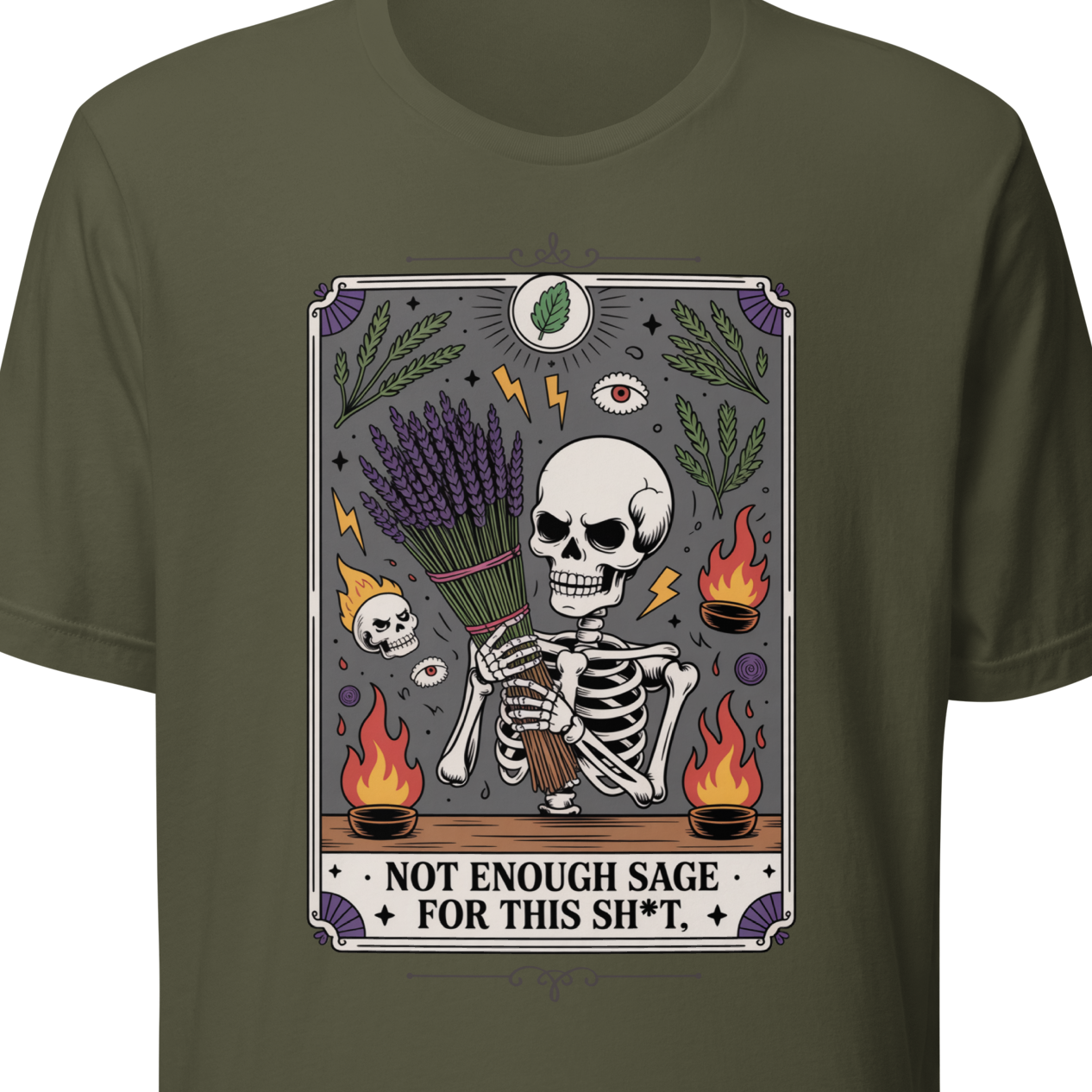 Military green t-shirt with a graphic design featuring a skeleton and text 