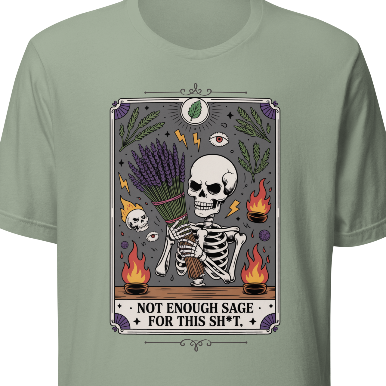 Sage green t-shirt with a skeleton and herbs graphic and text