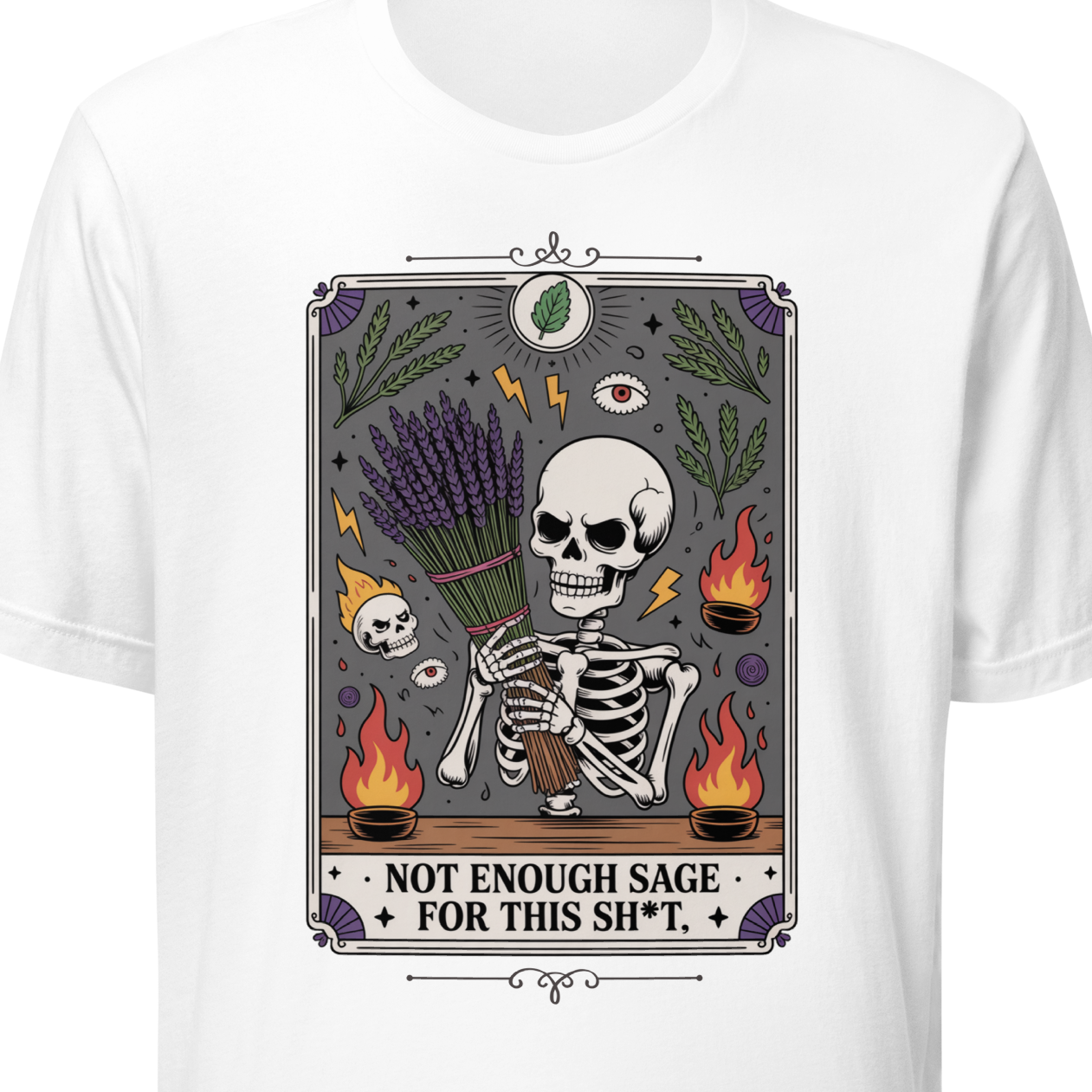 White t-shirt with a graphic design featuring a skeleton and text