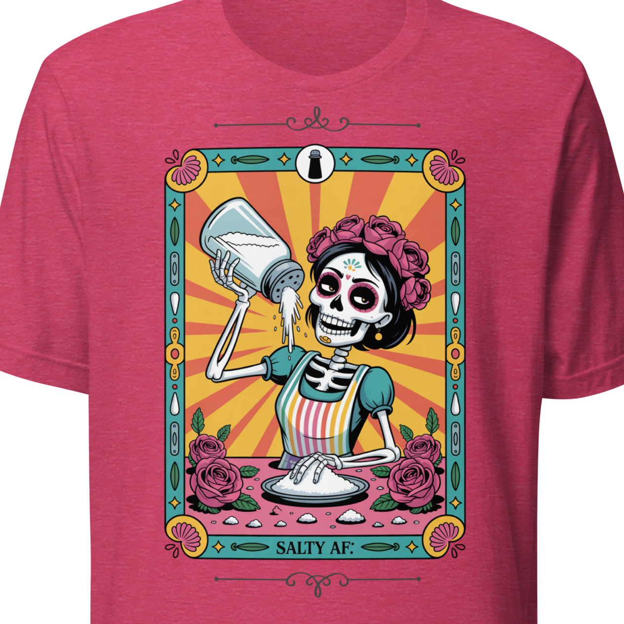 Red t-shirt with a colorful graphic of a skeleton holding a salt shaker, surrounded by roses.