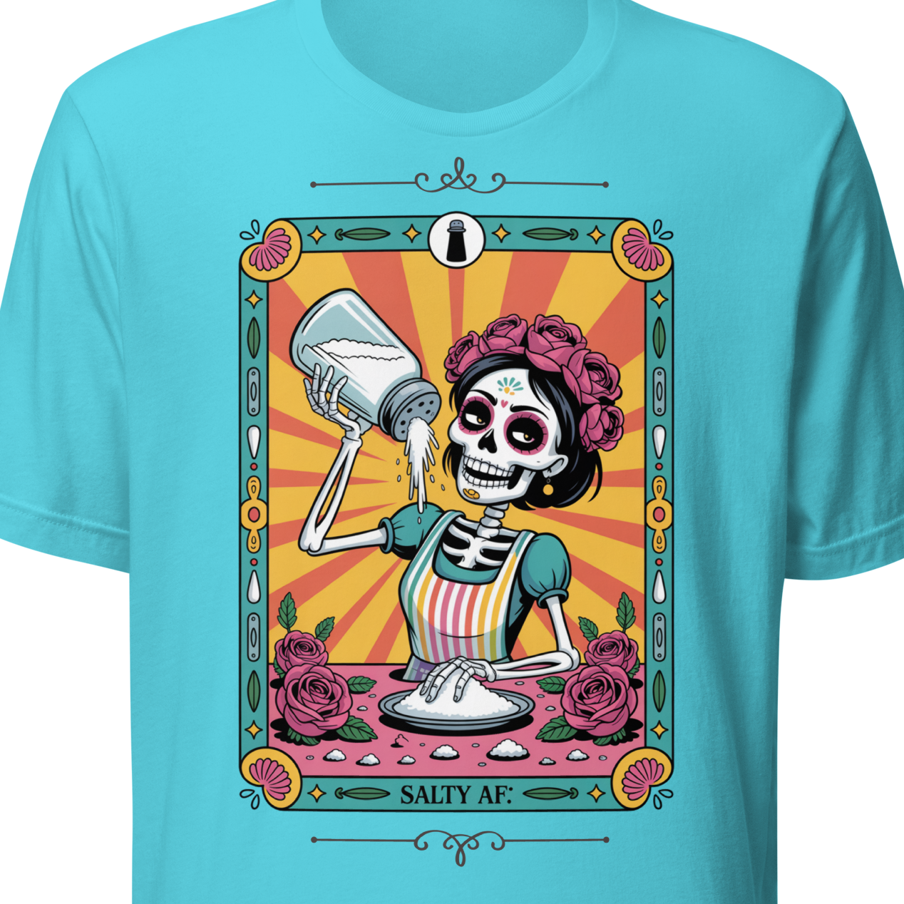 Turquoise t-shirt with a colorful graphic of a skeleton and roses