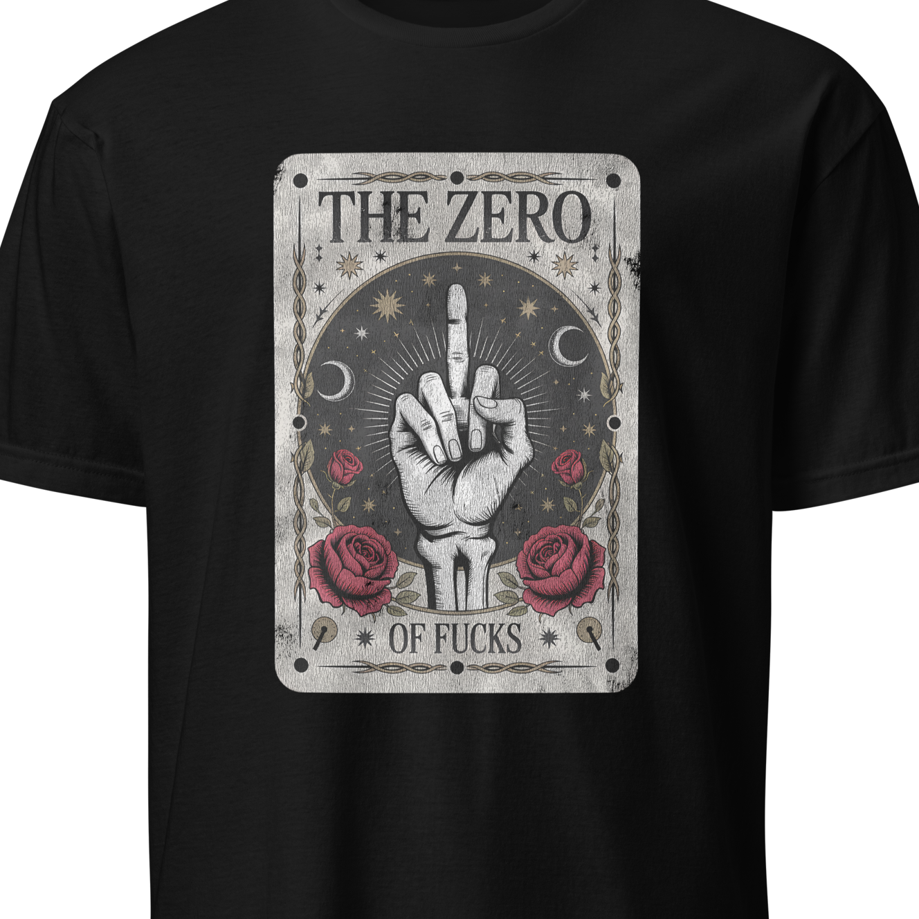 Black t-shirt with graphic design and text on a white background