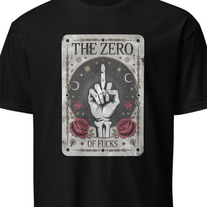 Black t-shirt with graphic design and text on a white background