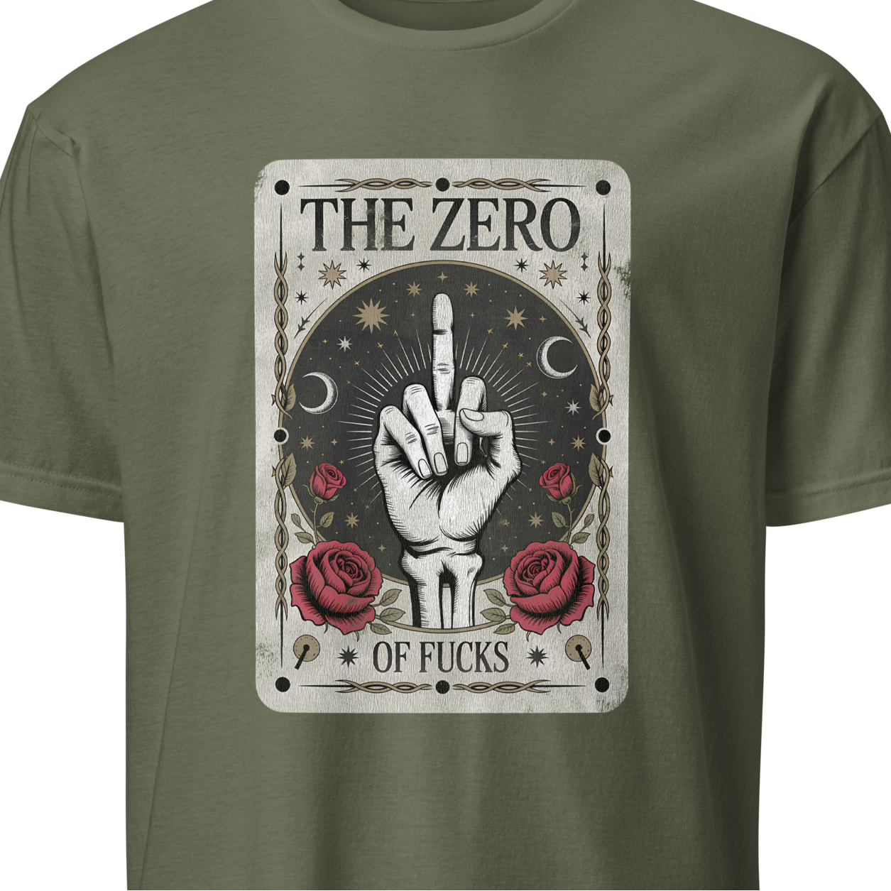 Green t-shirt with a graphic design featuring a hand and roses on a white background