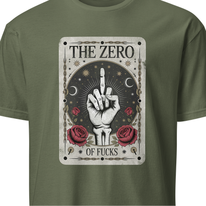 Green t-shirt with a graphic design featuring a hand and roses on a white background