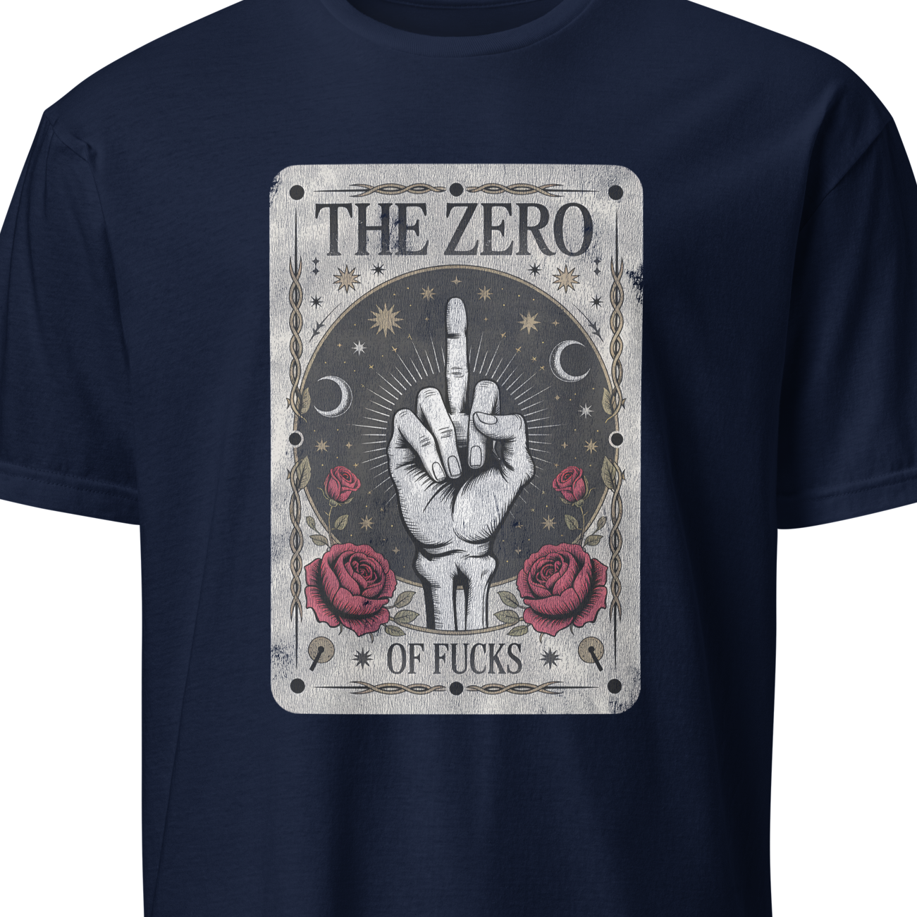 Navy blue t-shirt with graphic design and text on a white background