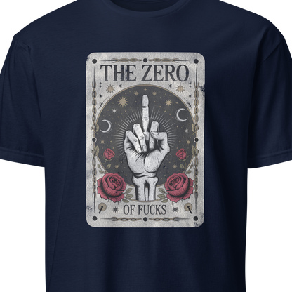 Navy blue t-shirt with graphic design and text on a white background
