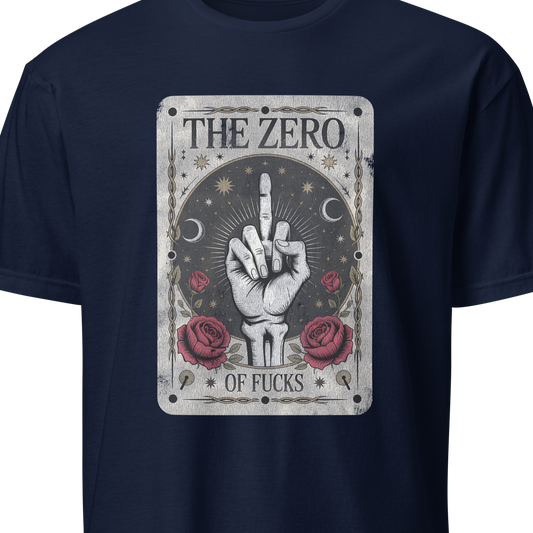 Navy blue t-shirt with graphic design and text on a white background