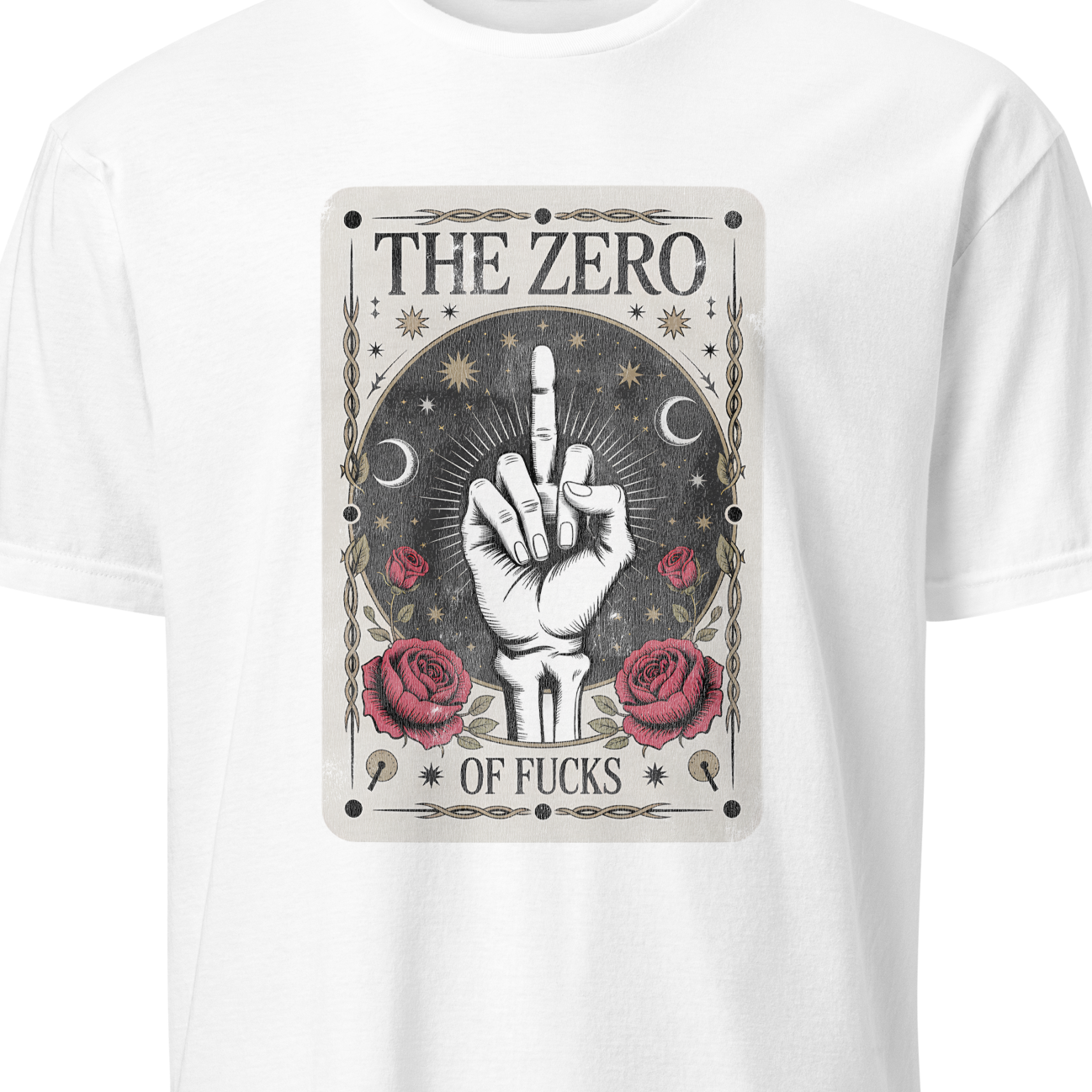 White t-shirt with graphic design and text on a white background