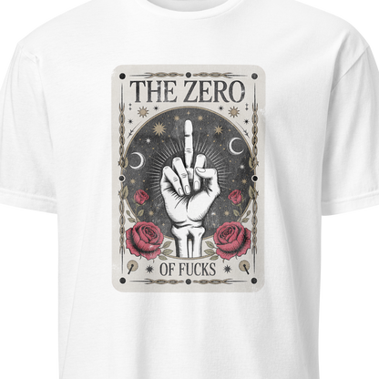 White t-shirt with graphic design and text on a white background