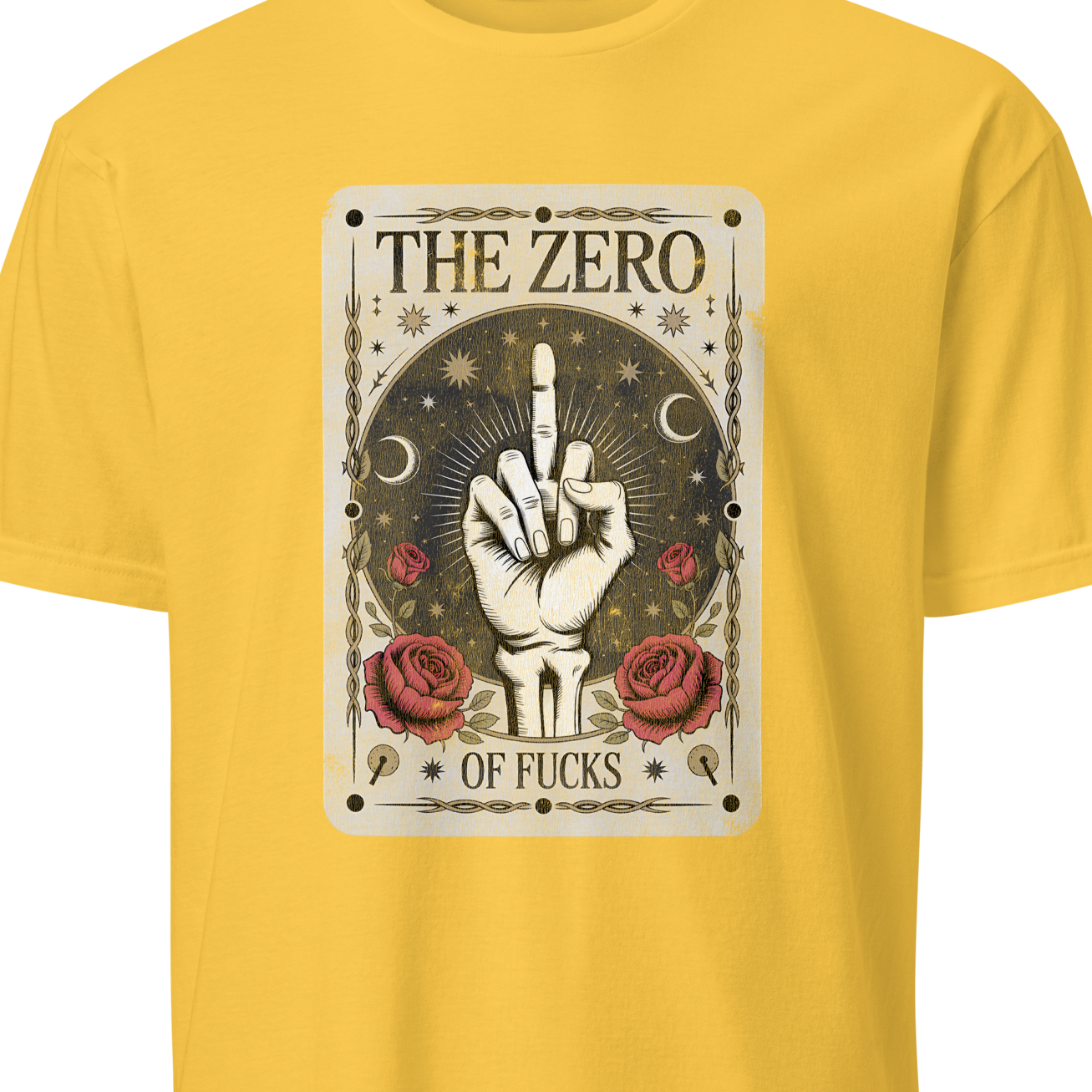 Yellow t-shirt with graphic design and text on a white background