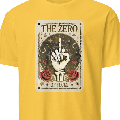 Yellow t-shirt with graphic design and text on a white background