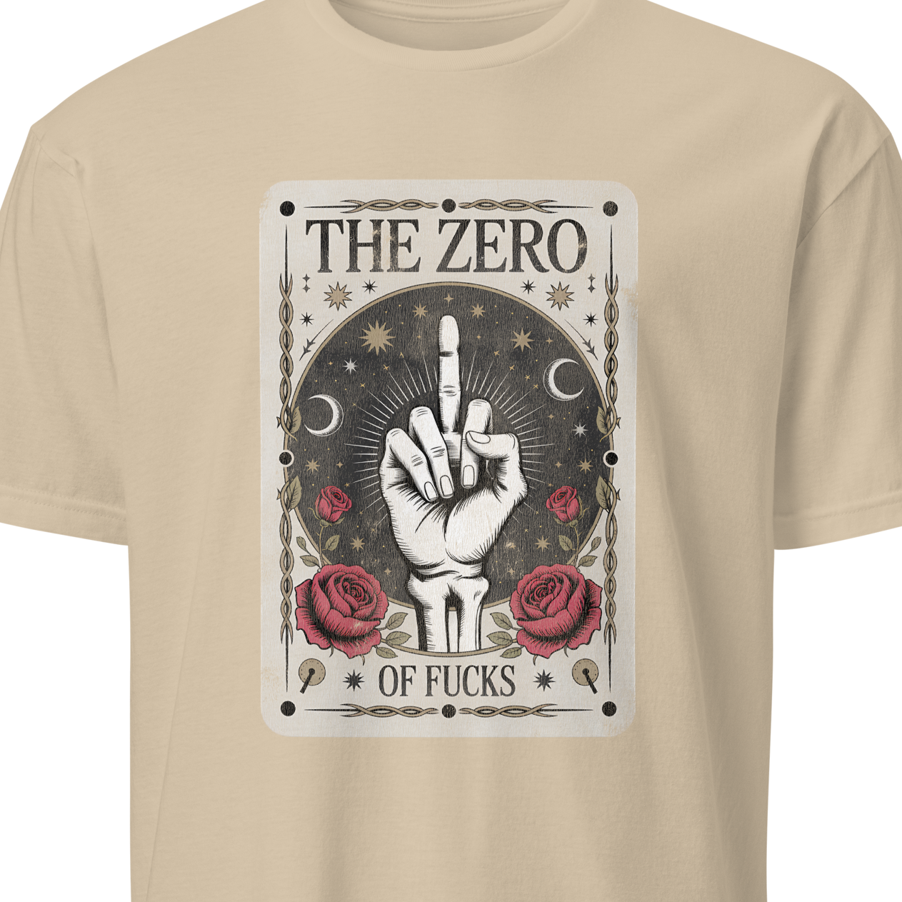 Beige t-shirt with graphic design and text on a white background