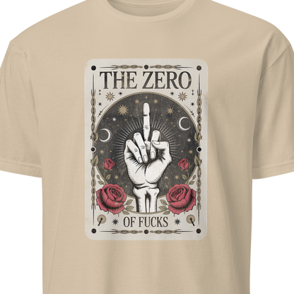 Beige t-shirt with graphic design and text on a white background