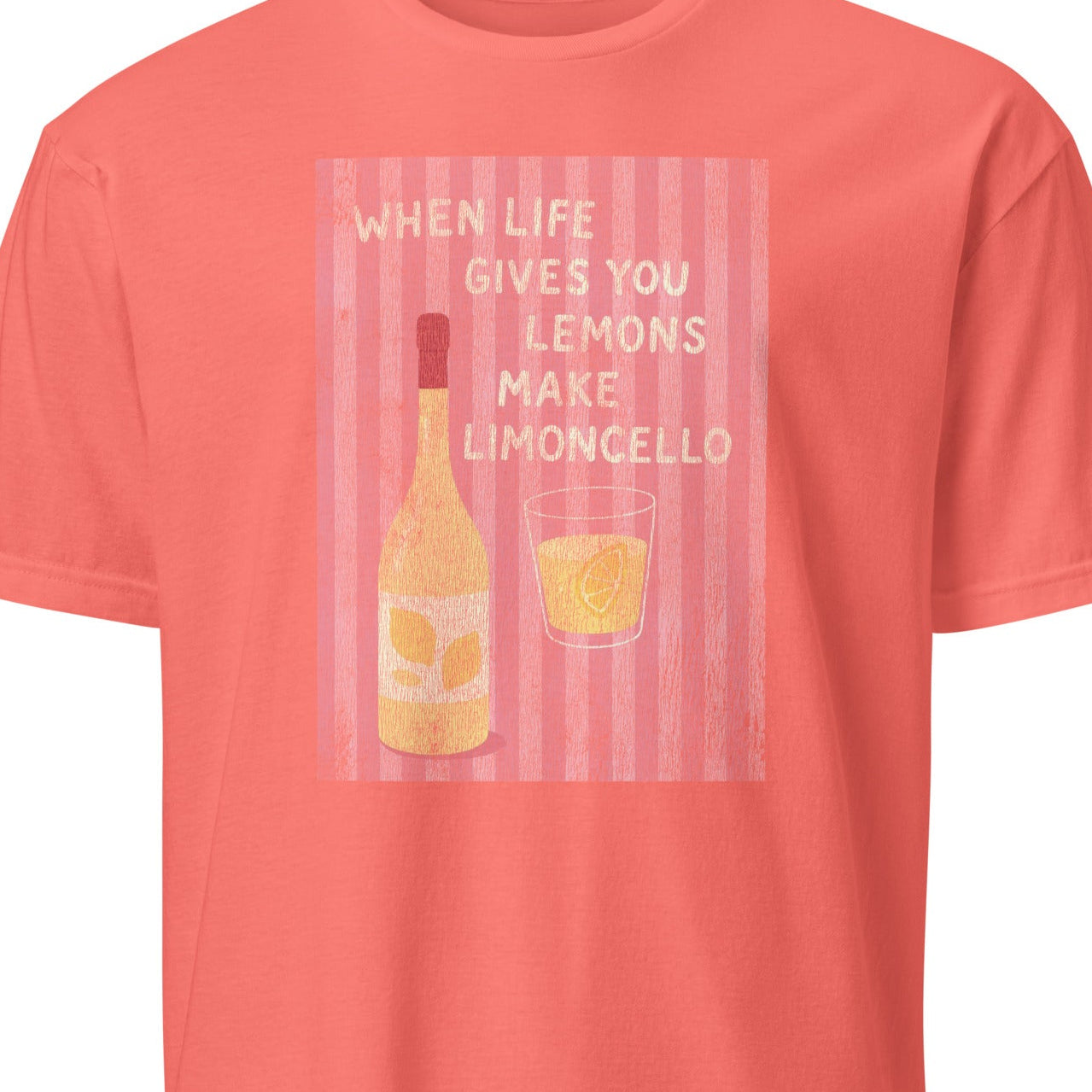 Coral t-shirt with limoncello graphic and text 