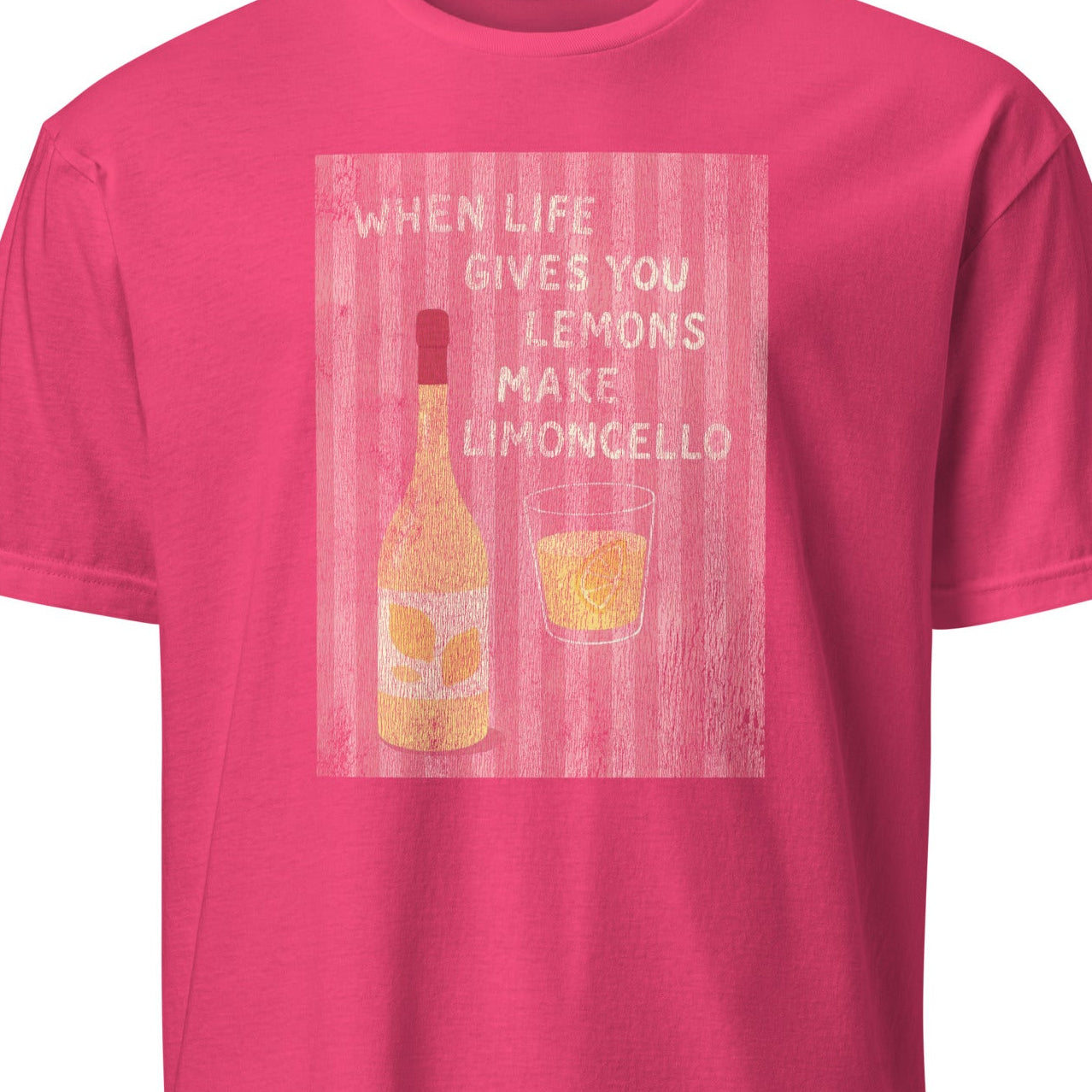 Pink t-shirt with a graphic design and text 
