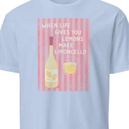 Light blue t-shirt with a graphic design of limoncello and text