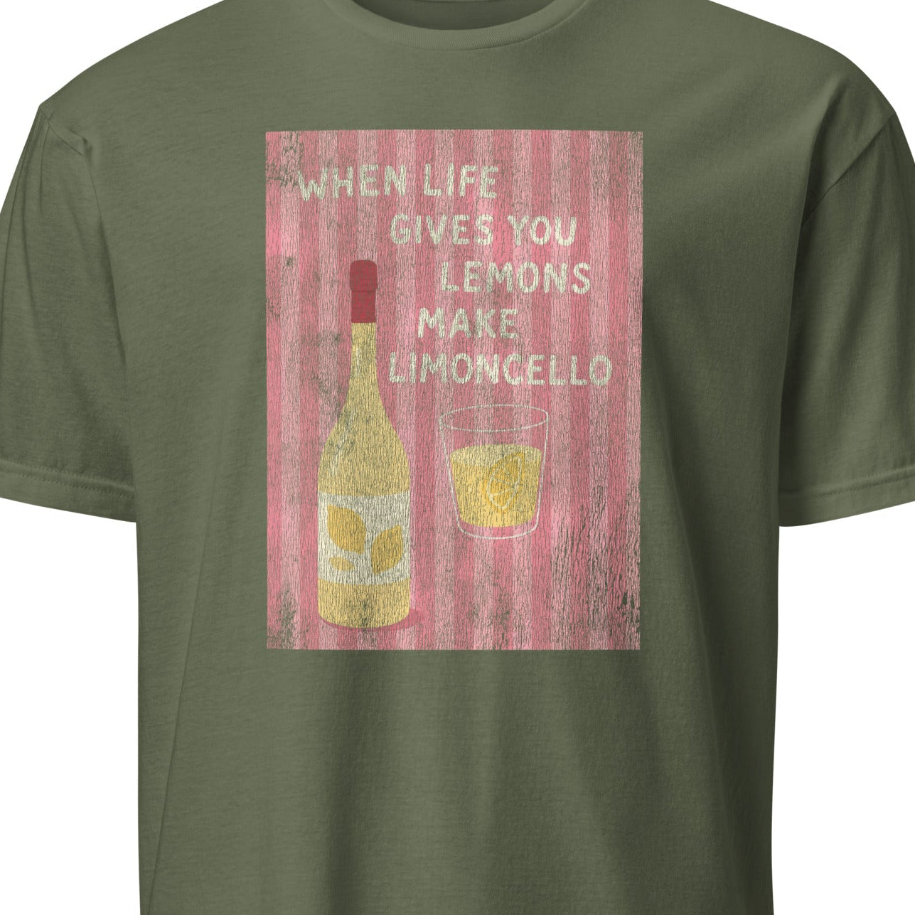 Green t-shirt with a graphic design and text