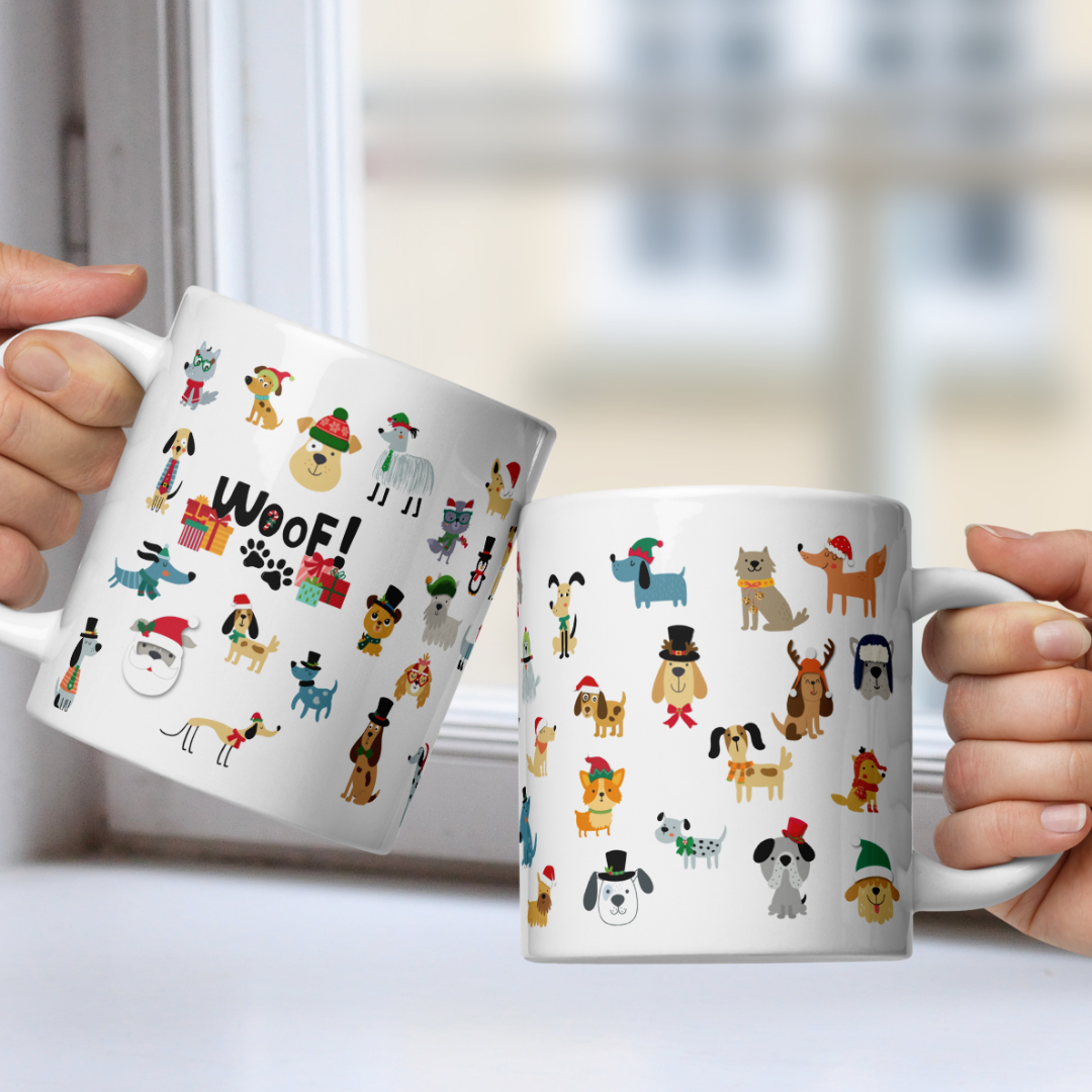 Two mugs with dog-themed designs held by hands against a blurred window background.