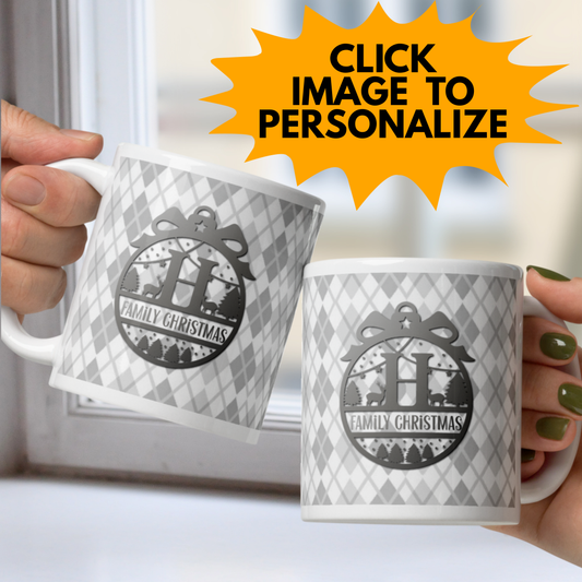 Monogram Custom Message Christmas White Mug - Grey Argyle